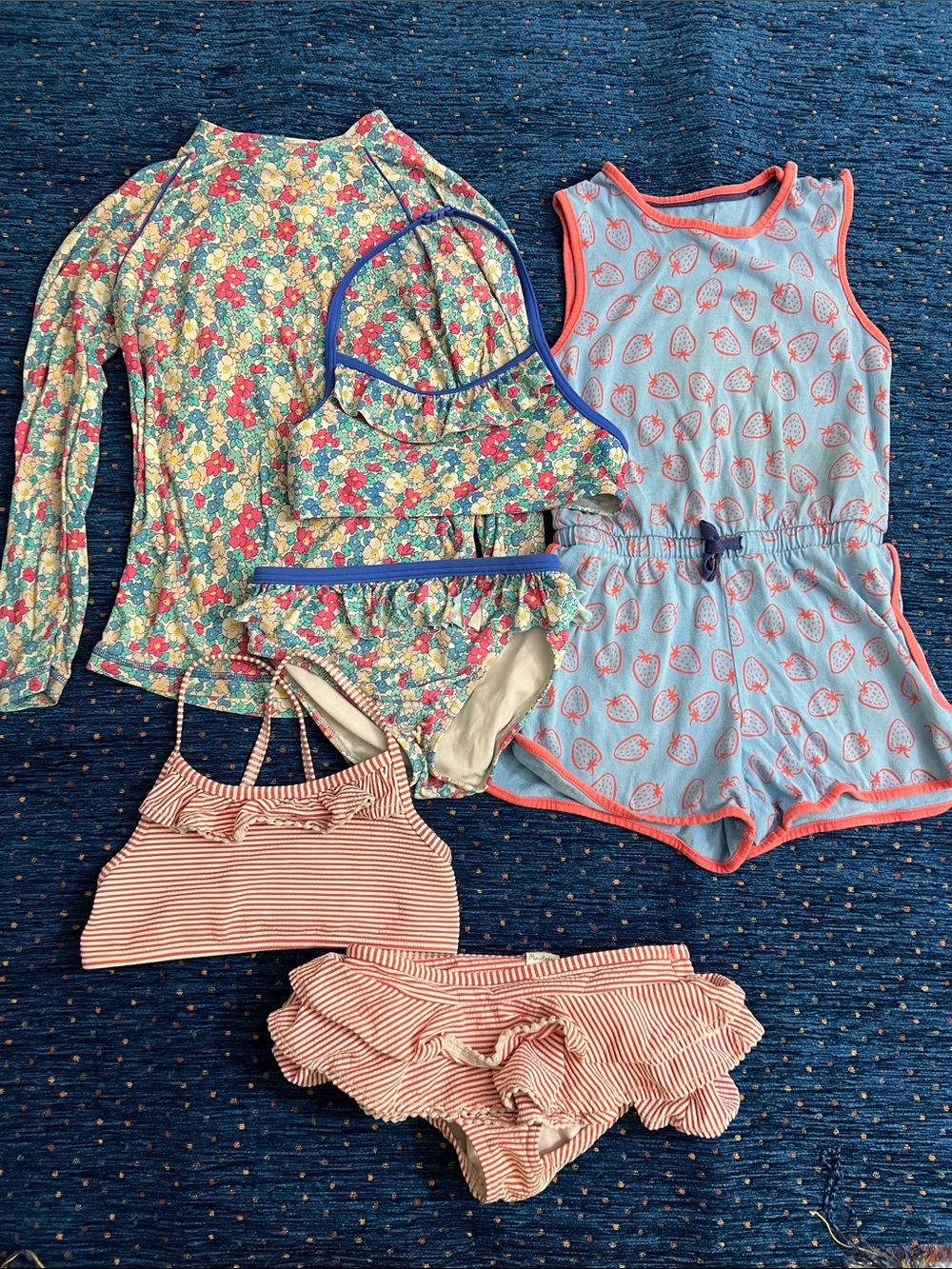 Mini Boden 6–7 swim bundle: Rash Guard, two bikinis and Fruit Romper *fair cond*